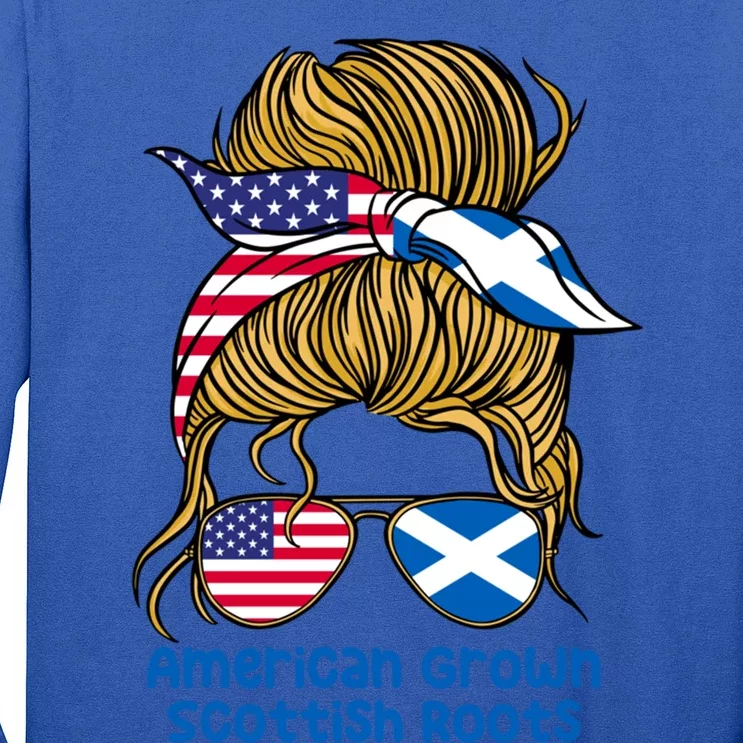 American Grown With Scottish Roots Messy Bun Gift Long Sleeve Shirt