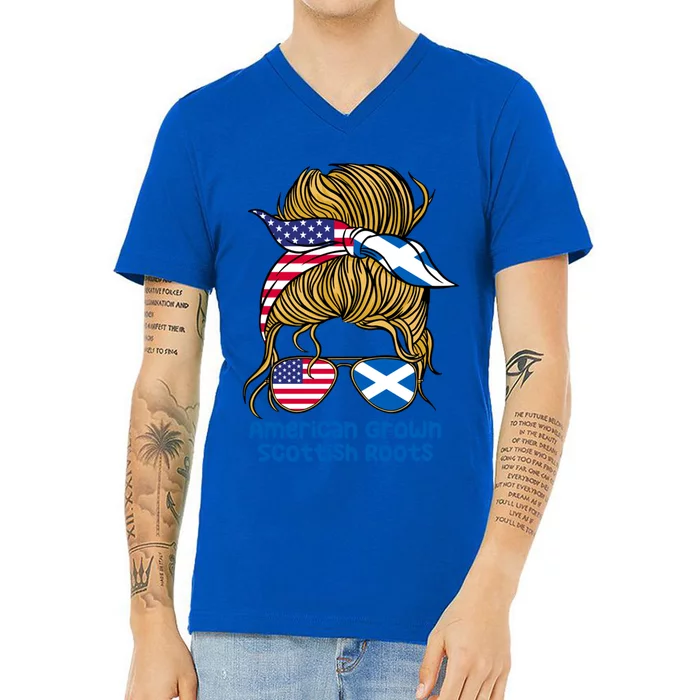 American Grown With Scottish Roots Messy Bun Gift V-Neck T-Shirt