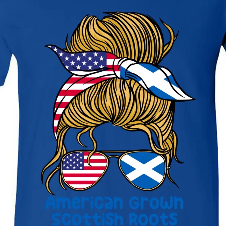 American Grown With Scottish Roots Messy Bun Gift V-Neck T-Shirt