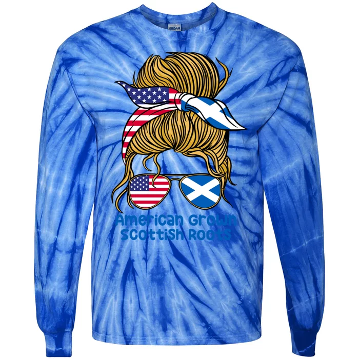 American Grown With Scottish Roots Messy Bun Gift Tie-Dye Long Sleeve Shirt