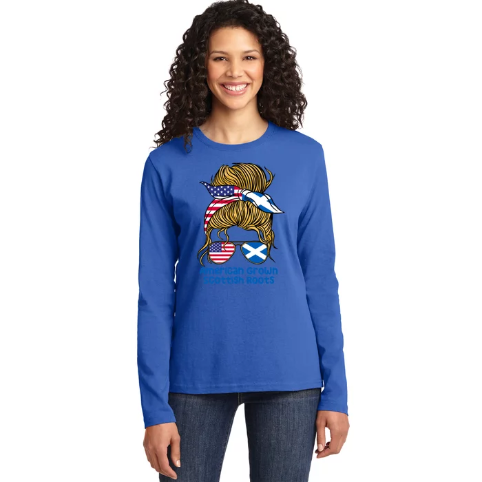 American Grown With Scottish Roots Messy Bun Gift Ladies Long Sleeve Shirt