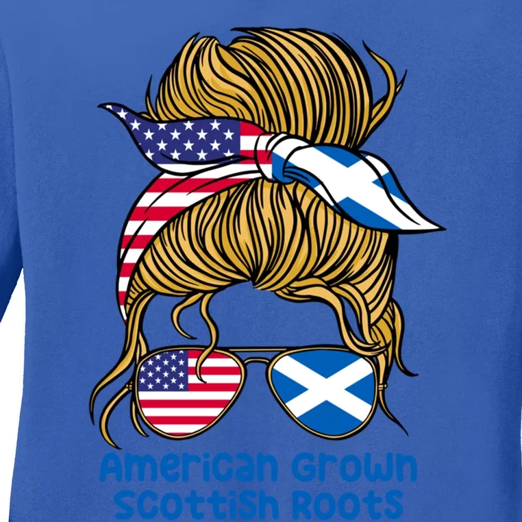 American Grown With Scottish Roots Messy Bun Gift Ladies Long Sleeve Shirt