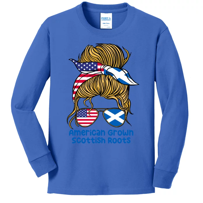 American Grown With Scottish Roots Messy Bun Gift Kids Long Sleeve Shirt