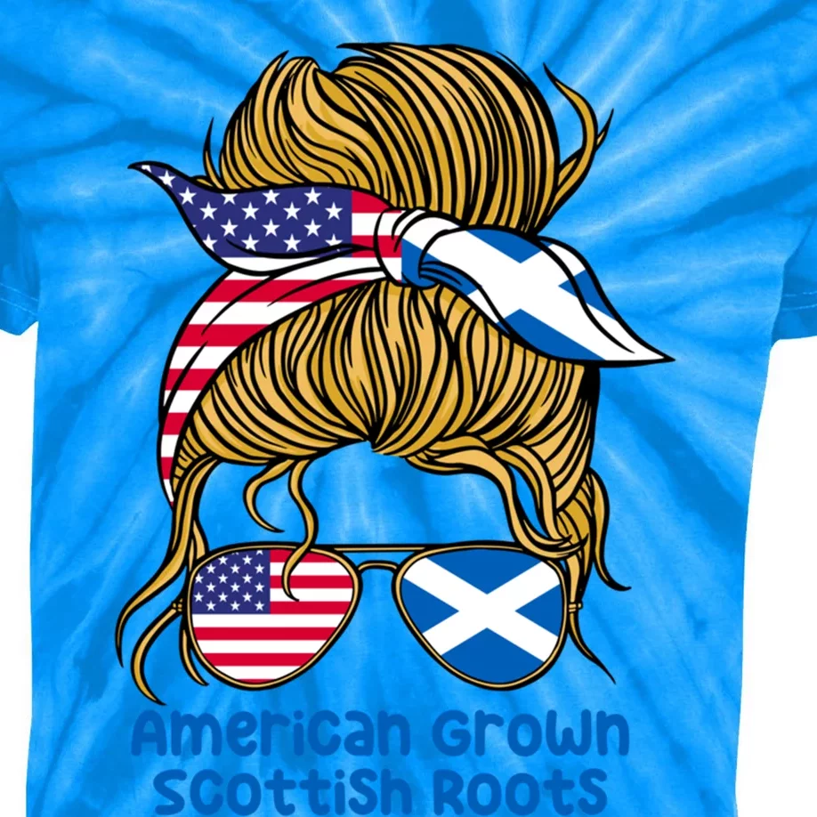 American Grown With Scottish Roots Messy Bun Gift Kids Tie-Dye T-Shirt