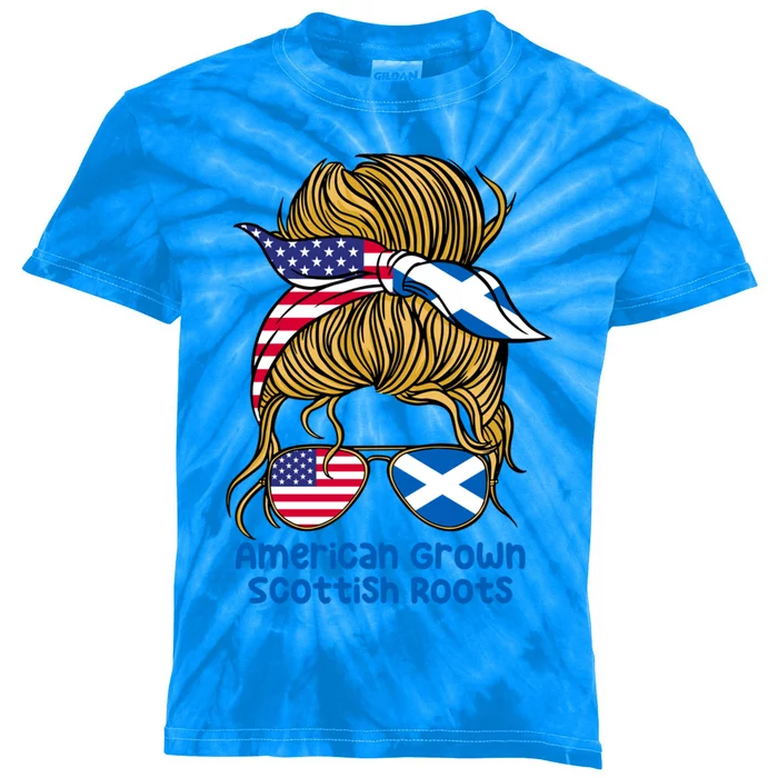 American Grown With Scottish Roots Messy Bun Gift Kids Tie-Dye T-Shirt