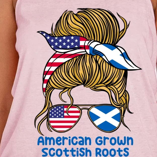 American Grown With Scottish Roots Messy Bun Gift Women's Knotted Racerback Tank