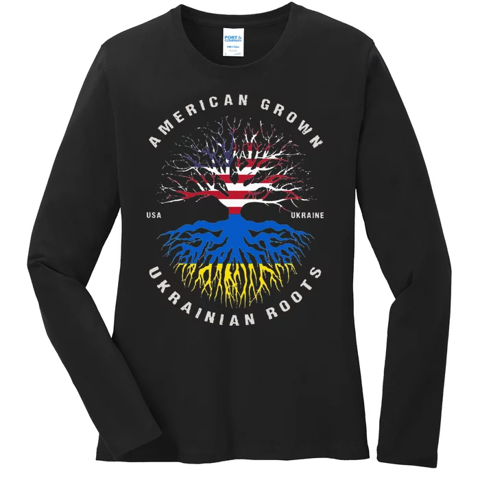 American Grown With Ukrainian Roots USA Flag Ukraine Ladies Long Sleeve Shirt