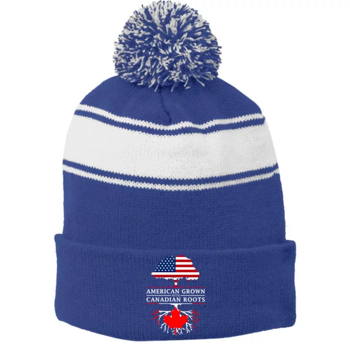 American Grown With Canadian Roots Gift Canada Gift Stripe Pom Pom Beanie