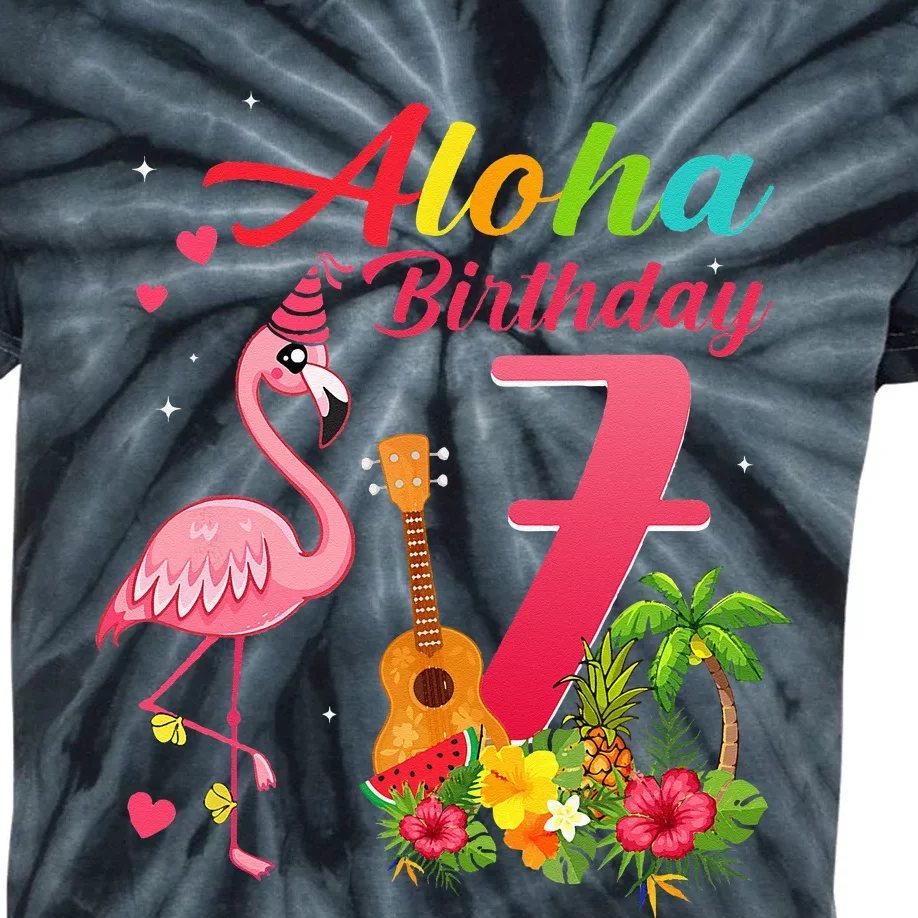 Aloha Hawaii 7th Birthday 7 Years Old Flamingo Hawaiian Kids Tie-Dye T-Shirt