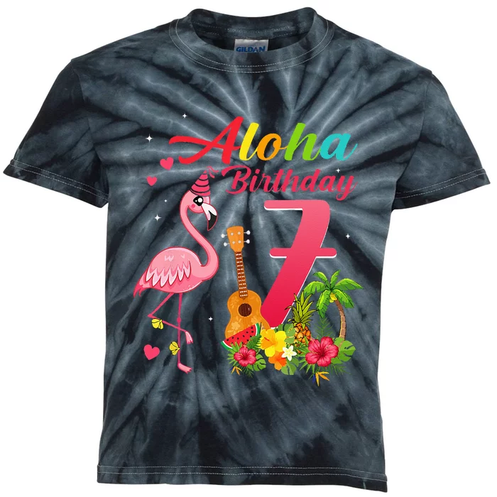 Aloha Hawaii 7th Birthday 7 Years Old Flamingo Hawaiian Kids Tie-Dye T-Shirt