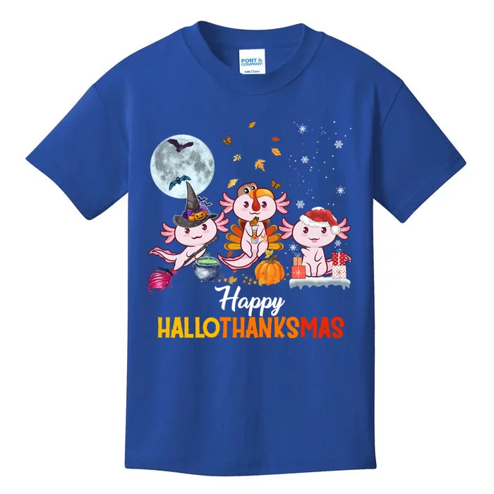 Axolotl Halloween And Merry Christmas Happy Hallothanksmas Gift Kids T-Shirt