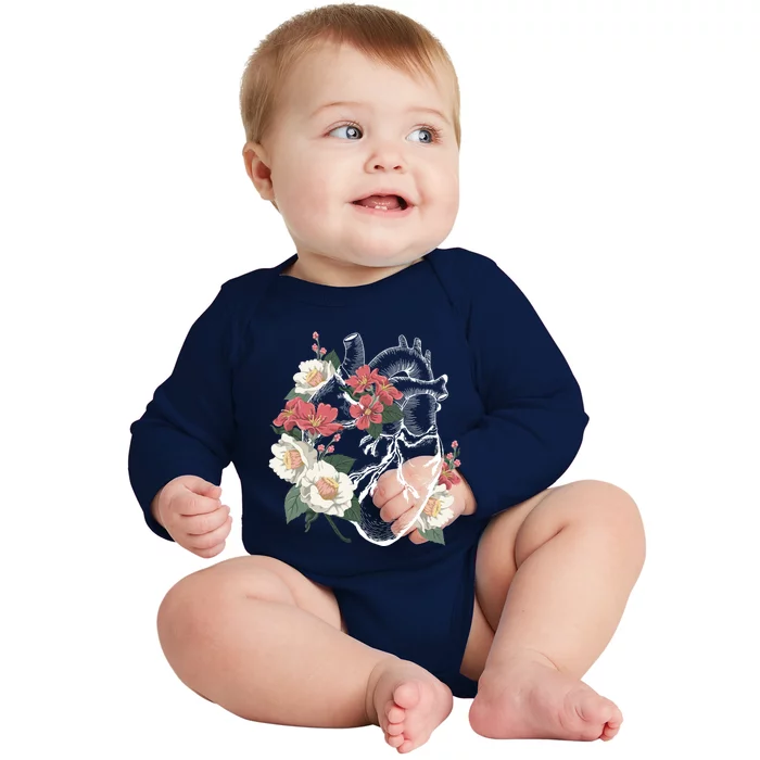 Anatomical Heart And Flowers Anatomy Heart Cute Cardiologist Gift Baby Long Sleeve Bodysuit