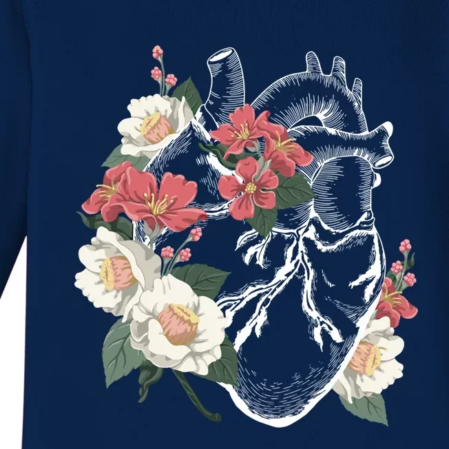 Anatomical Heart And Flowers Anatomy Heart Cute Cardiologist Gift Baby Long Sleeve Bodysuit