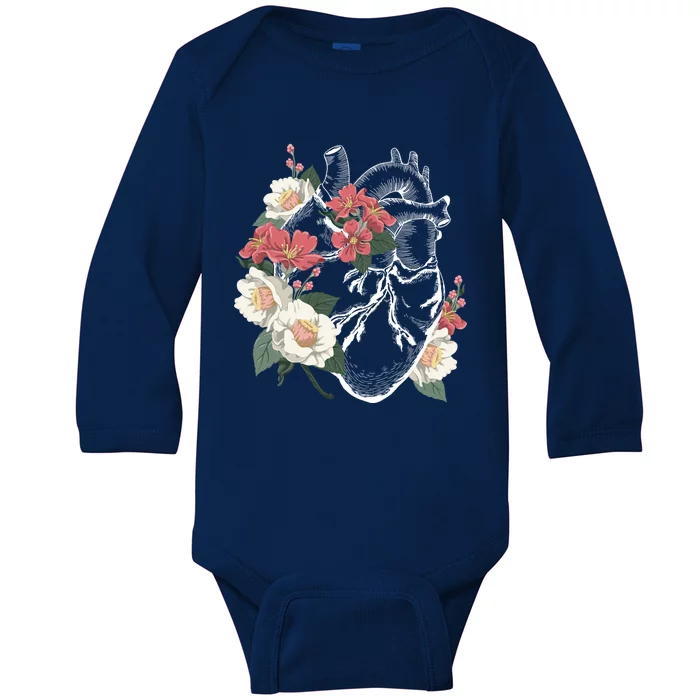 Anatomical Heart And Flowers Anatomy Heart Cute Cardiologist Gift Baby Long Sleeve Bodysuit