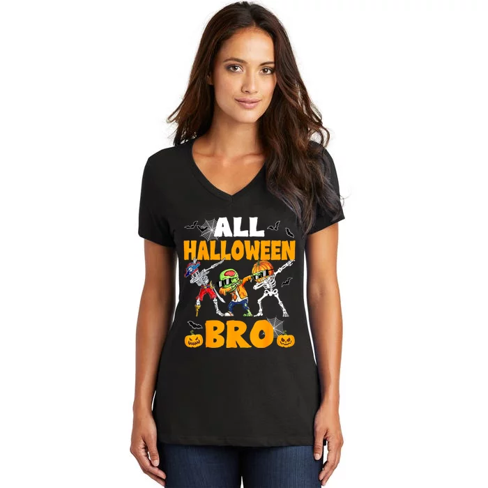 All Halloween Bro Dabbing Skeleton Jack O Lantern Women's V-Neck T-Shirt