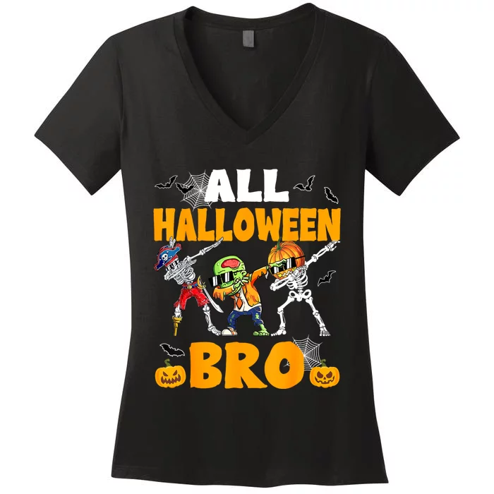 All Halloween Bro Dabbing Skeleton Jack O Lantern Women's V-Neck T-Shirt