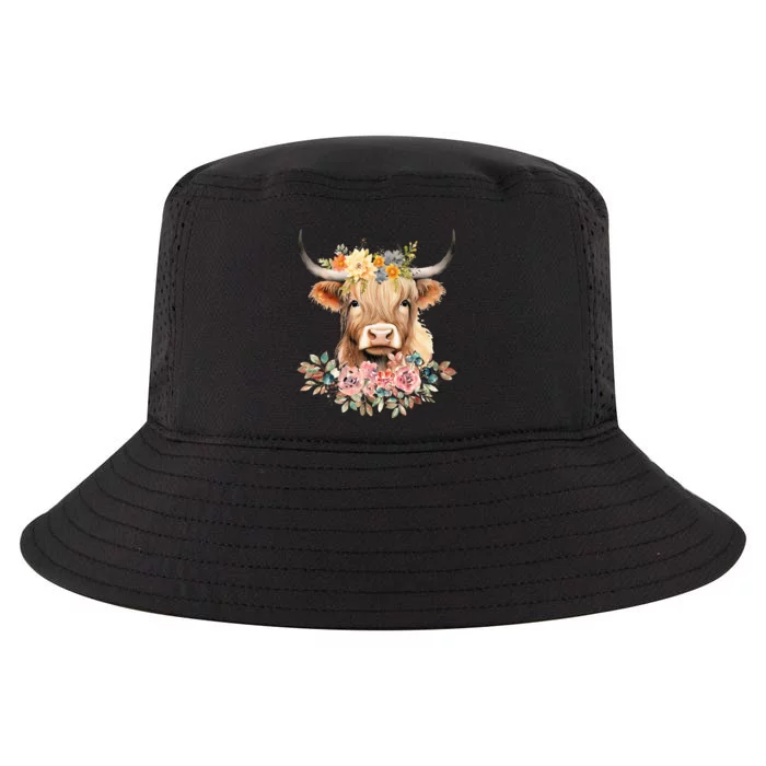 Adorable Highland Cow Calf with Festive Flowers Cool Comfort Performance Bucket Hat