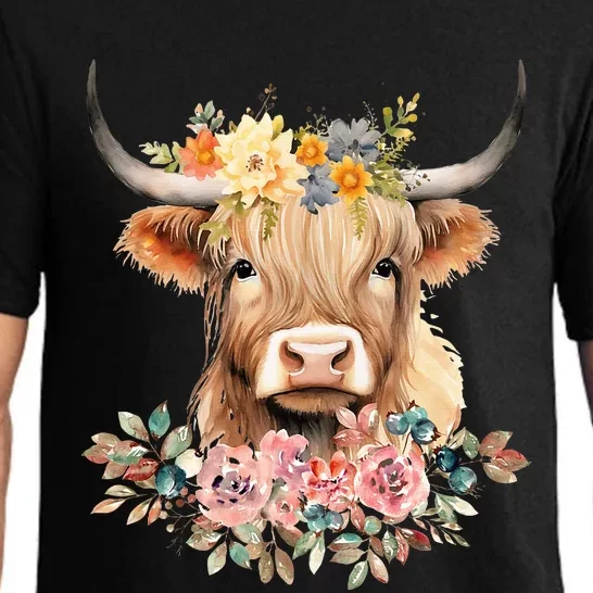 Adorable Highland Cow Calf with Festive Flowers Pajama Set