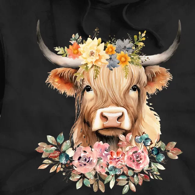 Adorable Highland Cow Calf with Festive Flowers Tie Dye Hoodie