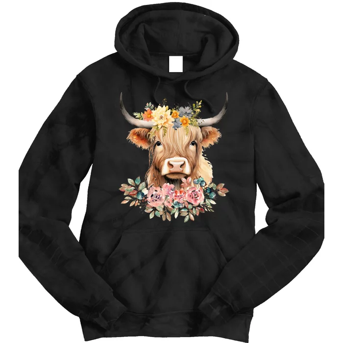 Adorable Highland Cow Calf with Festive Flowers Tie Dye Hoodie