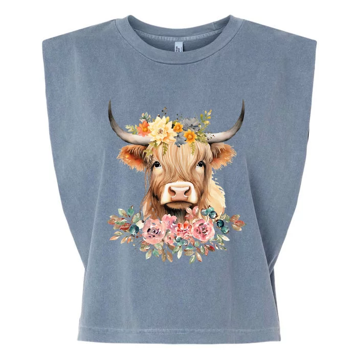 Adorable Highland Cow Calf with Festive Flowers Garment-Dyed Women's Muscle Tee