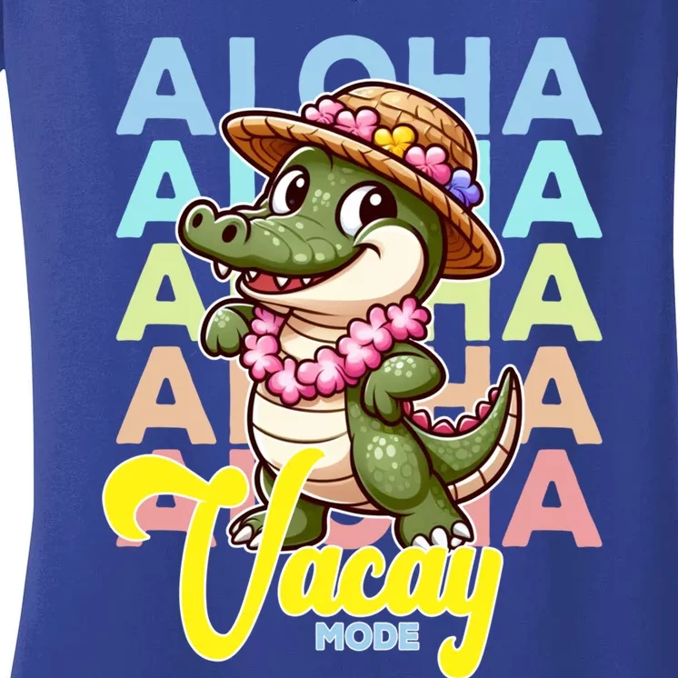 Aloha Hawaiian Crocodile Alligator Grass Skirt Vacay Mode Cute Gift Women's V-Neck T-Shirt