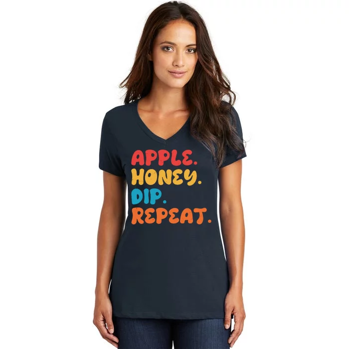 Apple Honey Dip Repeat Rosh Hashanah Jewish New Year Women's V-Neck T-Shirt