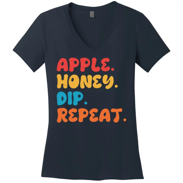 Apple Honey Dip Repeat Rosh Hashanah Jewish New Year Women's V-Neck T-Shirt