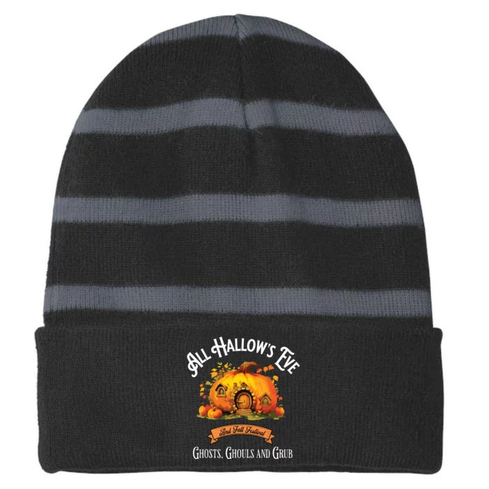 All Hallows Eve Ghosts Ghouls And Grub Halloween Striped Beanie with Solid Band