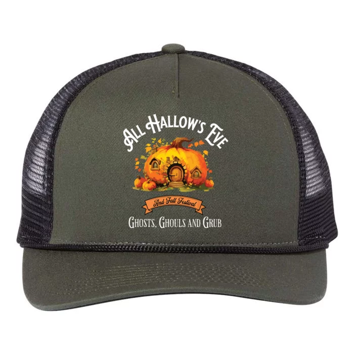 All Hallows Eve Ghosts Ghouls And Grub Halloween Retro Rope Trucker Hat Cap