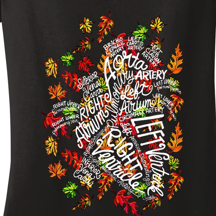 Anatomical Heart Fall Leaves Medical White Word Cloud Art Women's V-Neck T-Shirt