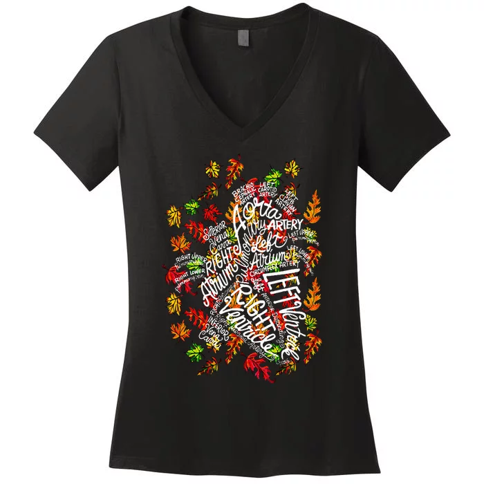 Anatomical Heart Fall Leaves Medical White Word Cloud Art Women's V-Neck T-Shirt