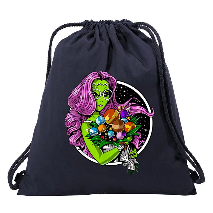 Alien Hippie Floral Peace Sign Flowers Drawstring Bag