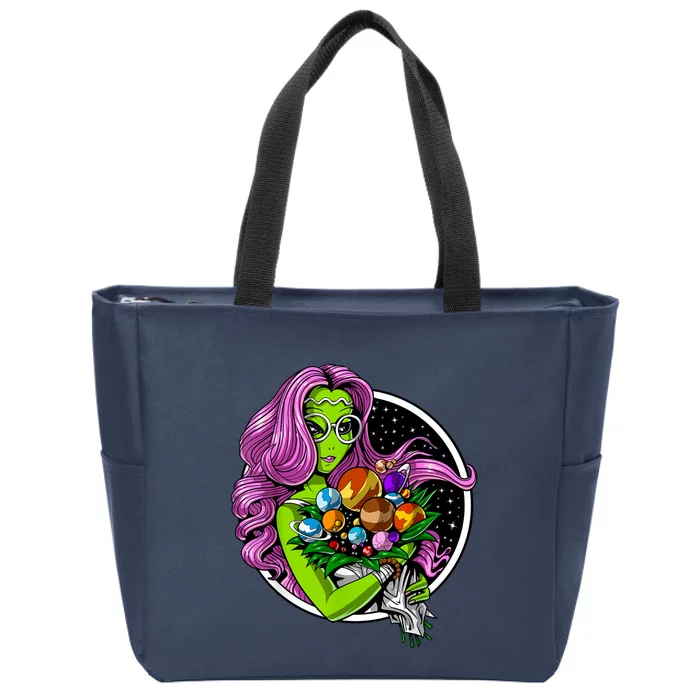 Alien Hippie Floral Peace Sign Flowers Zip Tote Bag