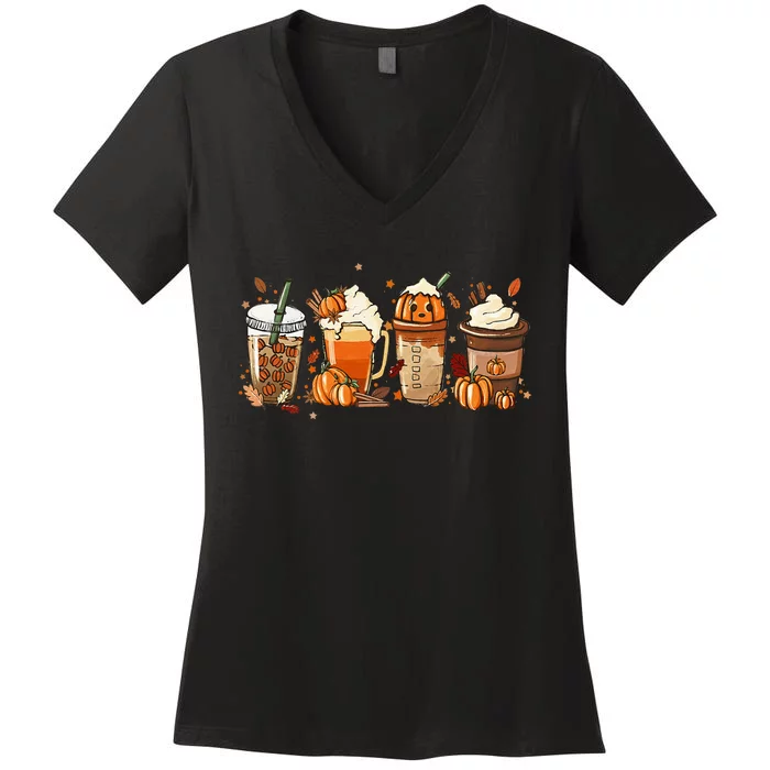 Autumn Harvest Festive Pumpkin Spice Latte Mug for Halloween Women's V-Neck T-Shirt