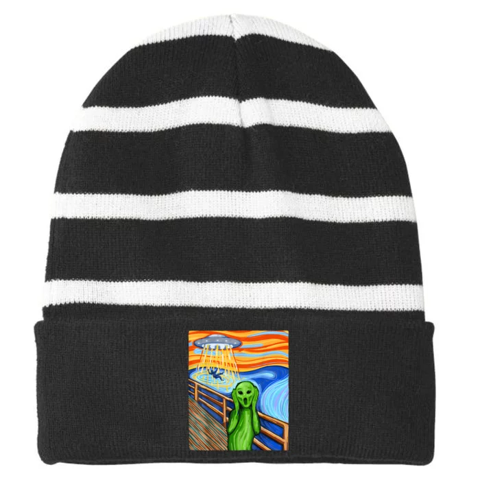 Alien Humor Funny Alien Lover Funny UFO Believe In Aliens Striped Beanie with Solid Band