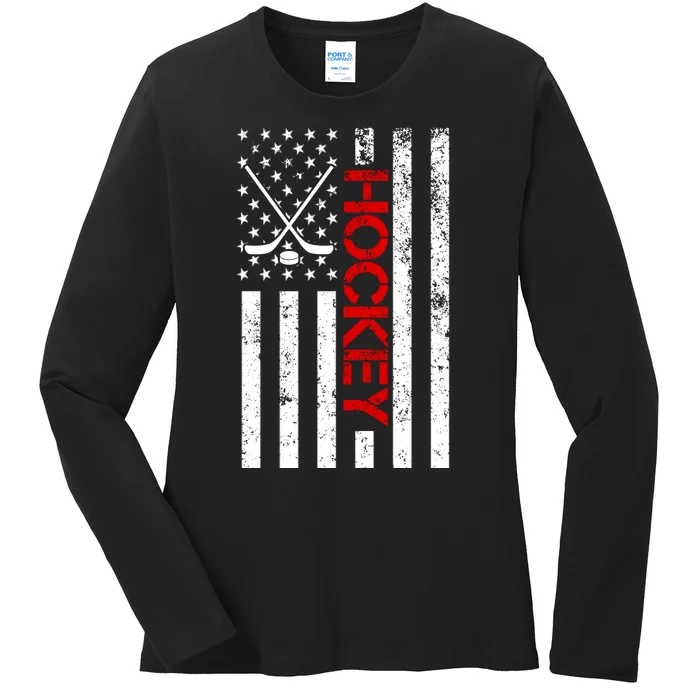 American Hockey Flag Vintage Ladies Long Sleeve Shirt