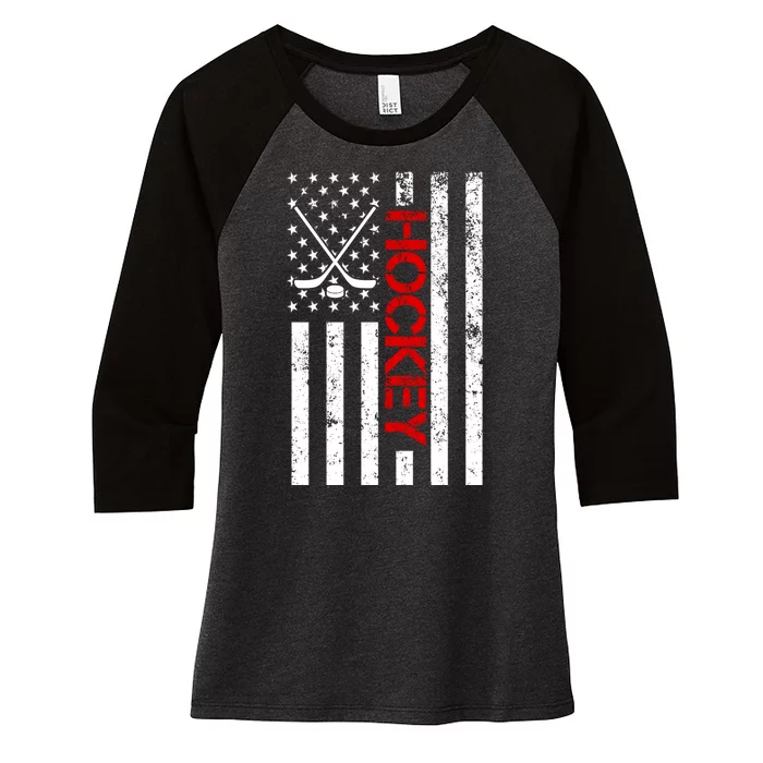 American Hockey Flag Vintage Women's Tri-Blend 3/4-Sleeve Raglan Shirt