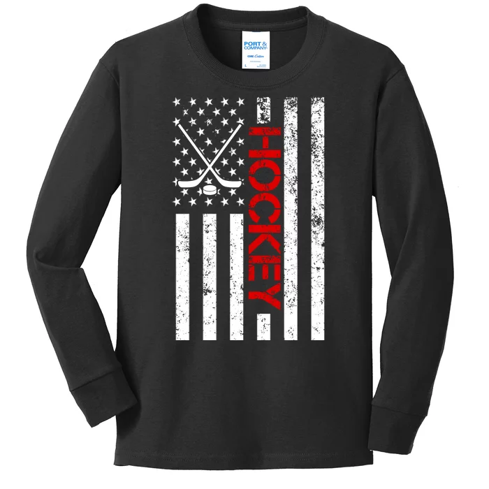 American Hockey Flag Vintage Kids Long Sleeve Shirt