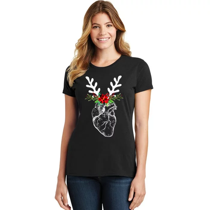 Anatomy Heart Floral Reindeer Christmas Cardiac Nurse Women's T-Shirt