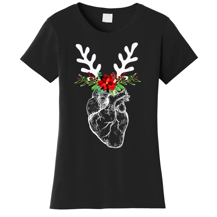 Anatomy Heart Floral Reindeer Christmas Cardiac Nurse Women's T-Shirt