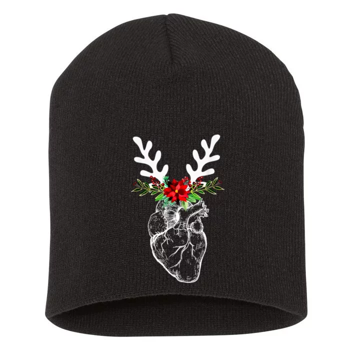 Anatomy Heart Floral Reindeer Christmas Cardiac Nurse Short Acrylic Beanie