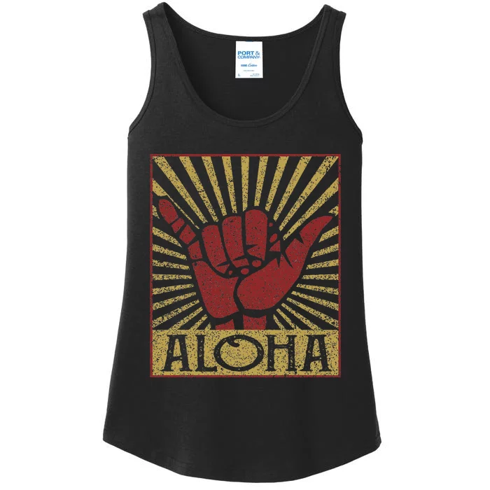 Aloha Hawaiian Hawaii Distressed Shaka Sign Ladies Essential Tank