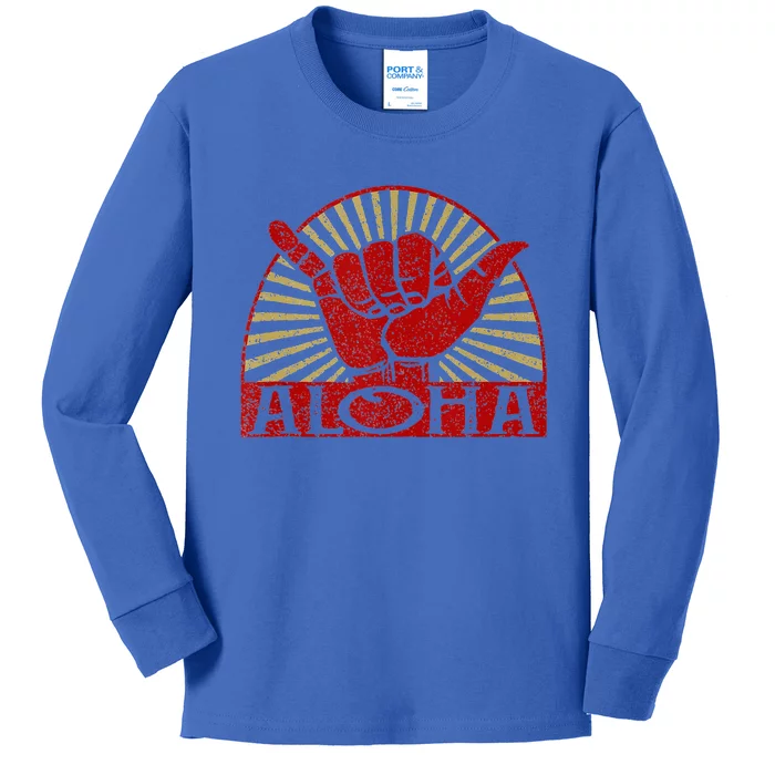 Aloha Hawaiian Hawaii Vintage Distressed Shaka Surfer Kids Long Sleeve Shirt