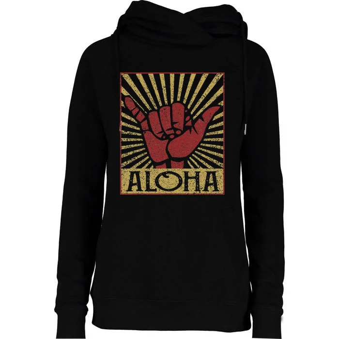 Aloha Hawaiian Hawaii Vintage Distressed Shaka Sign Womens Funnel Neck Pullover Hood