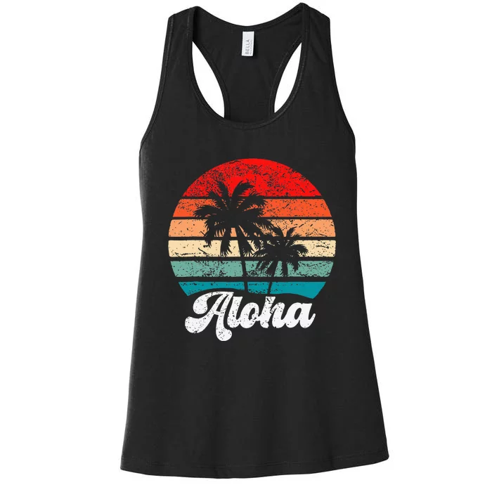 Aloha Hawaii Hawaiian Island Palm Tree Beach Retro 70s 80s Women's Racerback Tank