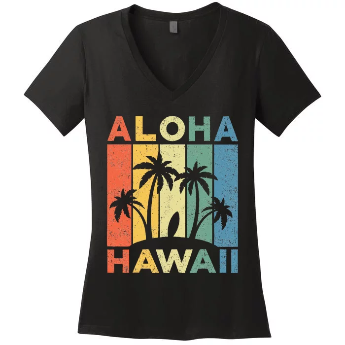 Aloha Hawaii Hawaiian Island Palm Beach Surfboard Surf Women's V-Neck T-Shirt