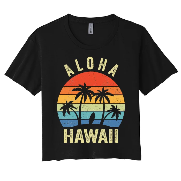 Aloha Hawaii Hawaiian Island Palm Beach Surfboard Surf Women's Crop Top Tee