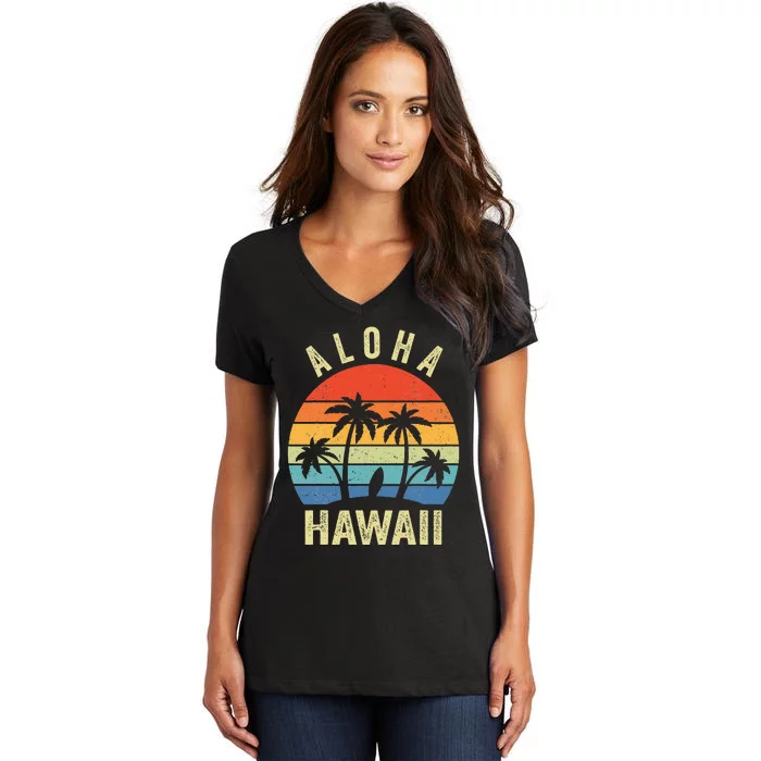 Aloha Hawaii Hawaiian Island Palm Beach Surfboard Surf Women's V-Neck T-Shirt