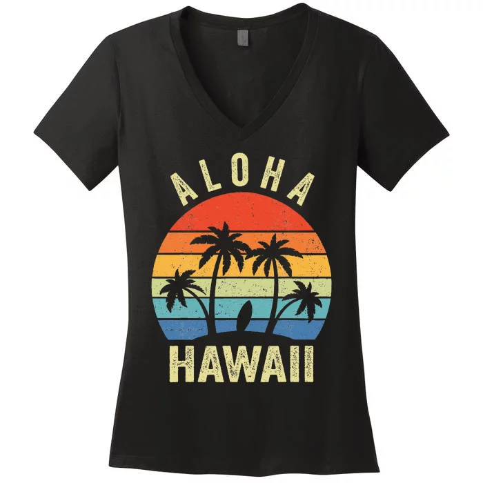 Aloha Hawaii Hawaiian Island Palm Beach Surfboard Surf Women's V-Neck T-Shirt